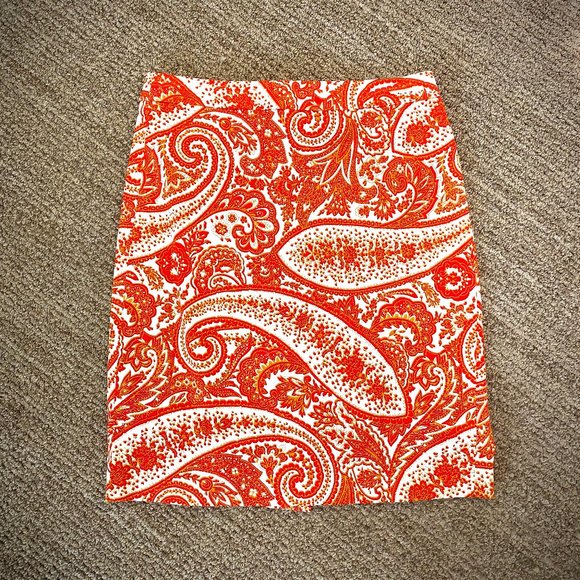 J. Crew Orange Paisley Stretch Cotton Pencil Skirt - Picture 3 of 9